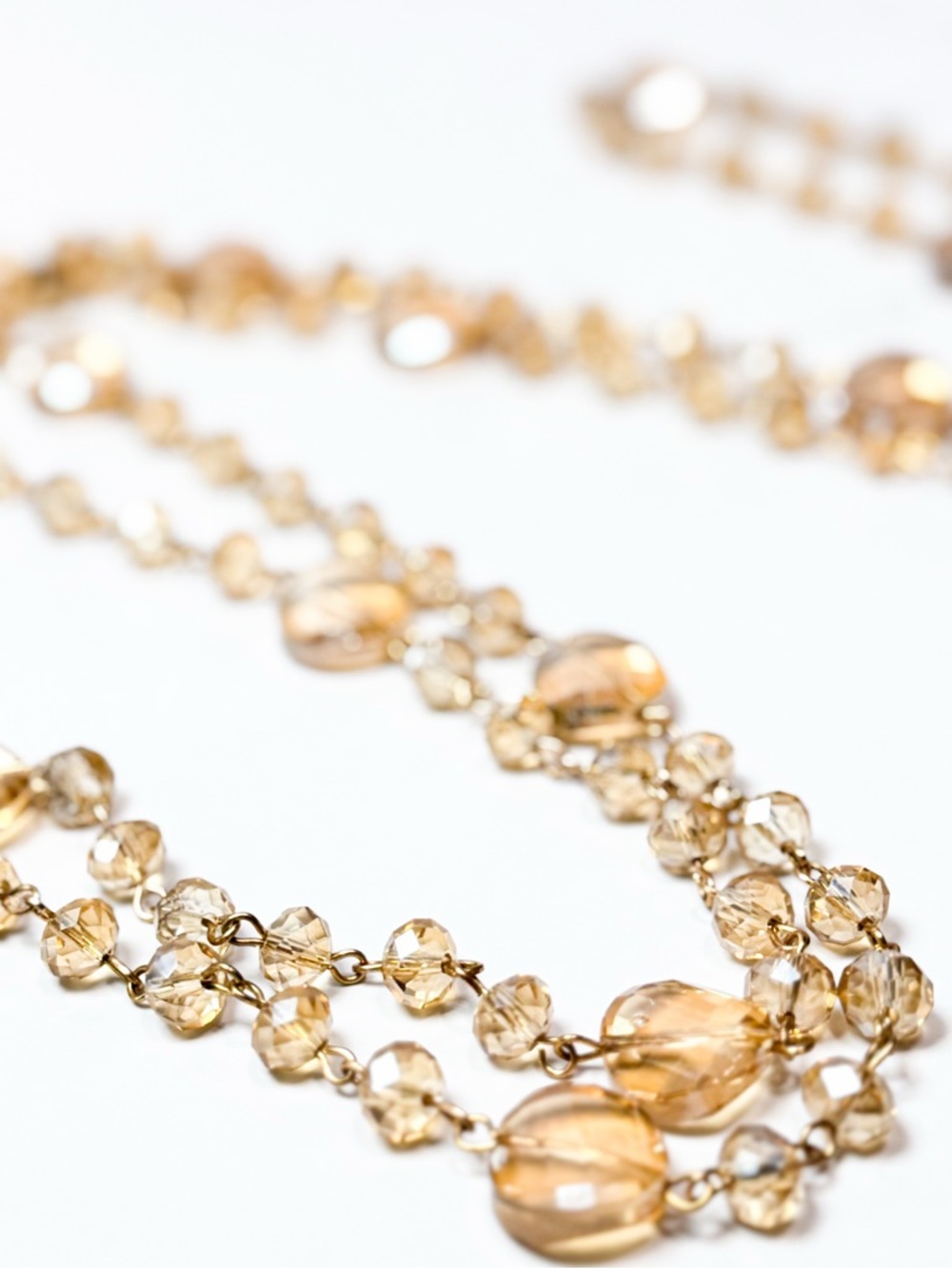 💕2/$30 Long Peach Crystal Beaded Necklace 48” Layering Gold Tone